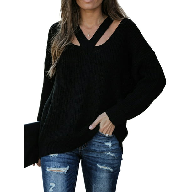 Women Loose Knitted Pullover Jumper Sweater V Neck Long Sleeve Casual Hollow Top 